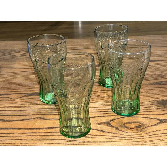 Set of 4 Green 16 Ounces Coca-Cola Drinking Glasses by Libbey Glass, Green Glass